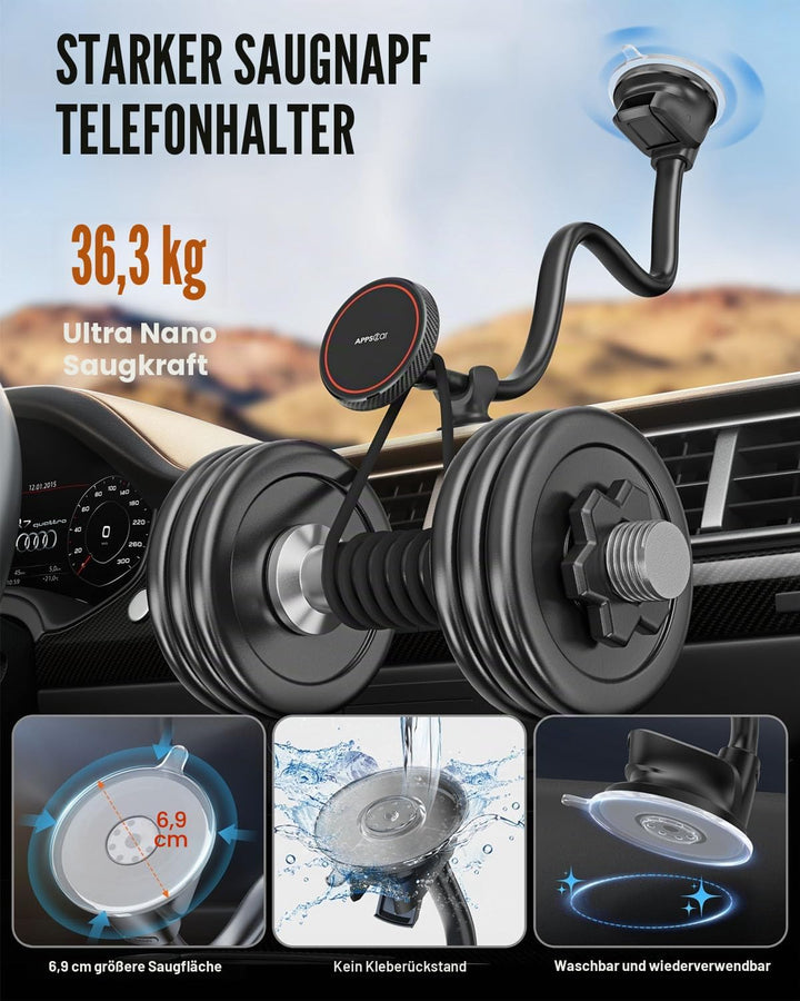 APPS2Car Magnetische Kfz-Handyhalterung für MagSafe – langer Arm 33 cm mit starkem Saugnapf für Wind