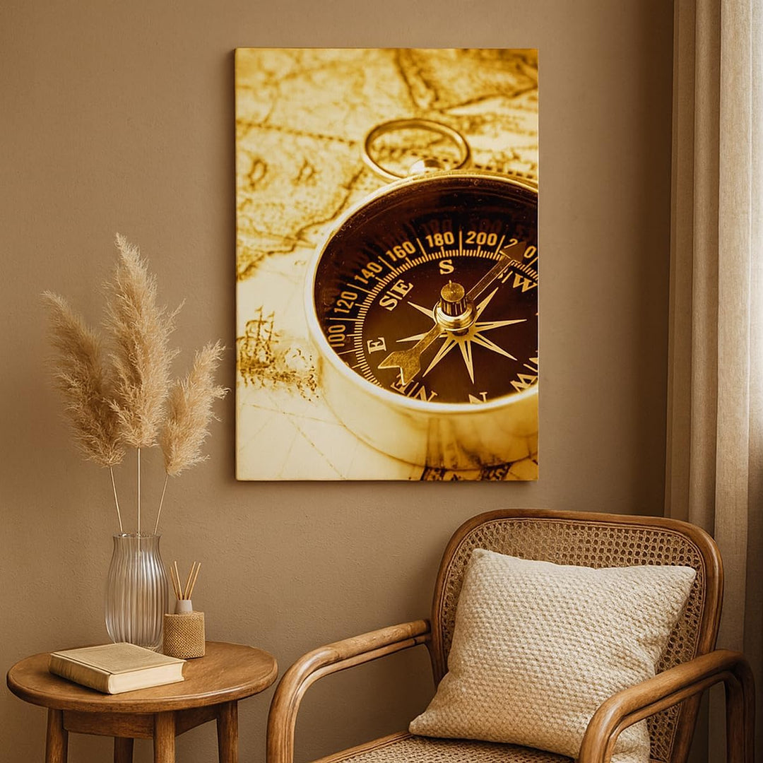 Bilder auf Leinwand 55x100cm Leinwandbild mit Rahmen Kompass alt reisen Reise Gross Wanddeko Bild Sc