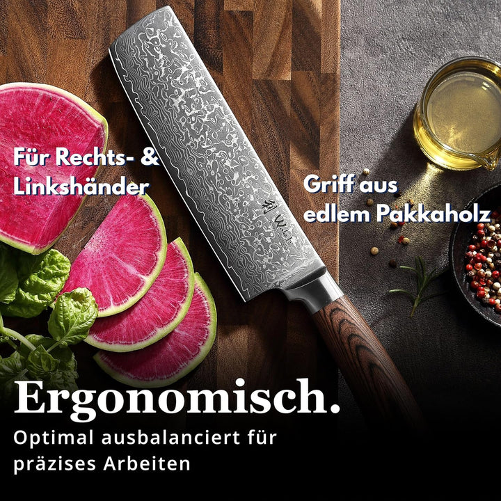 Wakoli EDIB Sakura Nakiri Messer mit 18 cm Klinge aus 67 Lagen Damaststahl mit VG10 Kern, Pakkaholzg