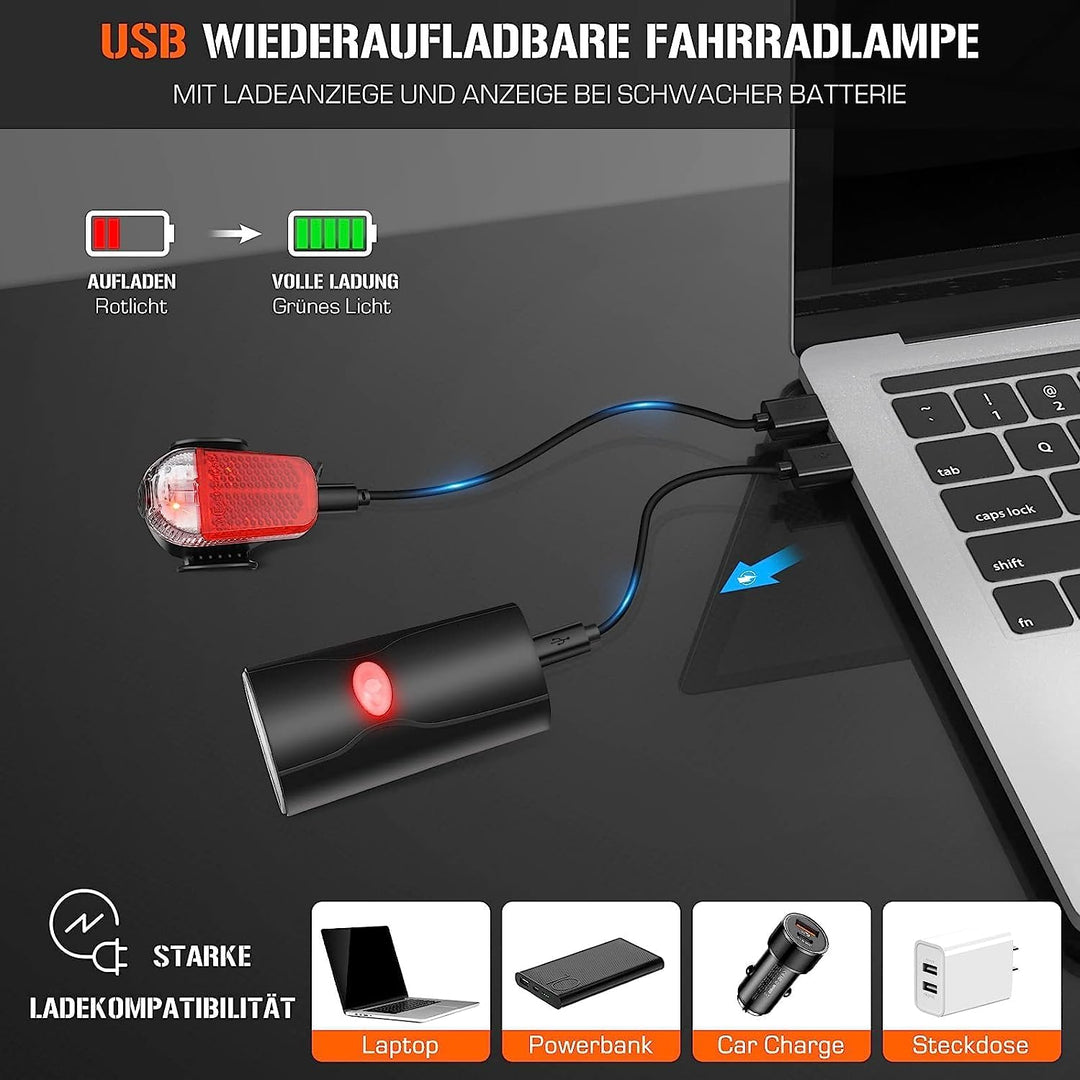 LED Fahrradlicht Set, STVZO Zugelassen Fahrradbeleuchtung Fahrradlampe Wasserdicht und USB-Aufladung