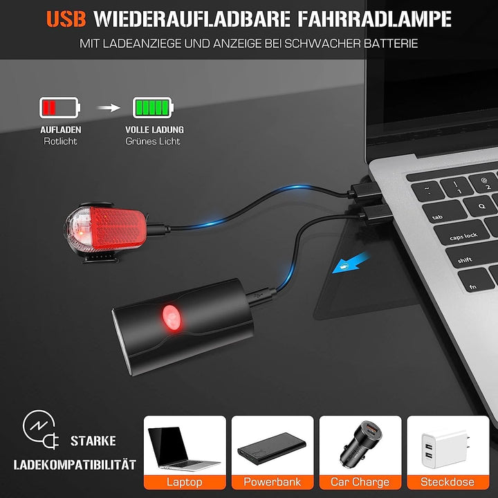 LED Fahrradlicht Set, STVZO Zugelassen Fahrradbeleuchtung Fahrradlampe Wasserdicht und USB-Aufladung