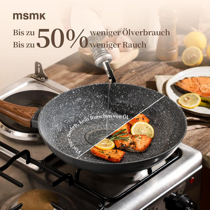 MSMK 28 cm Antihaft-Keramik-Bratpfanne mit Deckel & rotem Schlitzwender, Für Gasherd Induktion, Holz
