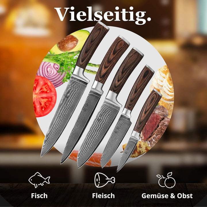 Wakoli 5er Damastmesser-Set mit Klingenlängen von 8,50cm bis 20,00cm, extrem scharf aus 67 Lagen I a