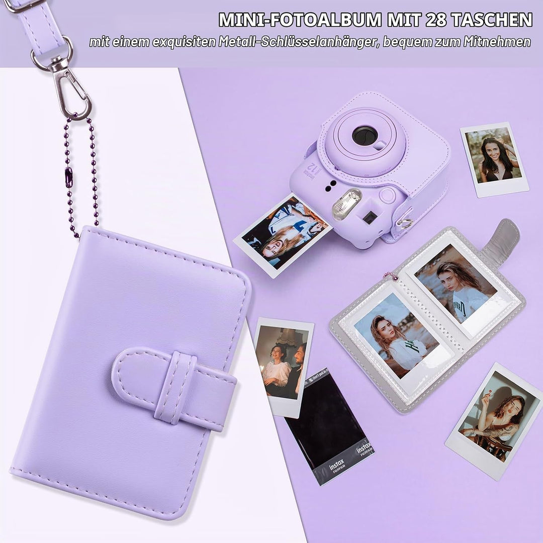 HIYQIN Kamera Tasche Kompatibel mit Fujifilm Instax Mini 12, Ästhetisch Kunstleder Hülle mit Mini Fo