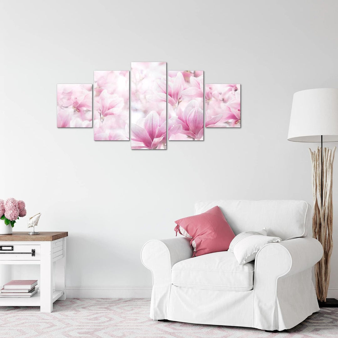 Runa Art Wandbilder Blumen Magnolien 5 Teilig Bild auf Vlies Leinwand Deko Wohnzimmer Blumenmotiv Ro