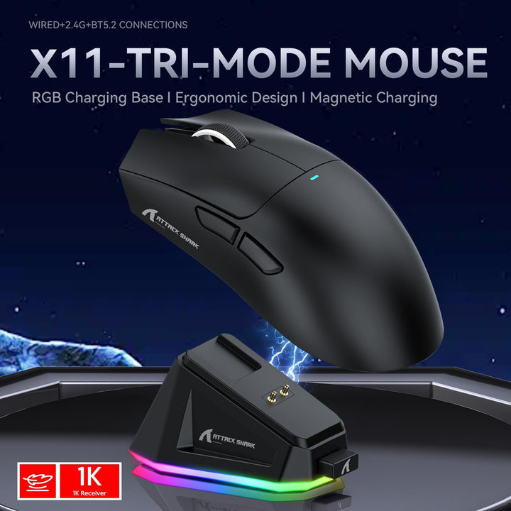 ATTACK SHARK X11 Gaming Mouse mit Magnetic Charging Dock, PixArt PAW3311 Gaming Sensor, BT/2.4G Wire
