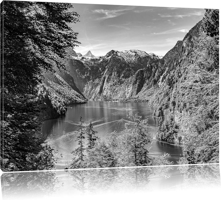 Pixxprint Blick auf den Königssee Kunst B&W als Leinwandbild/Grösse: 100x70 / Wandbild/Kunstdruck/fe