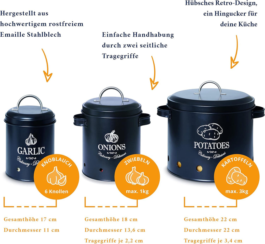 HIKITCHEN Vorratsbehälter Set I Perfekt als Kartoffeltopf, Knoblauchtopf und Zwiebeltopf I Die stilv