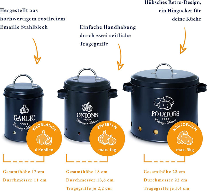 HIKITCHEN Vorratsbehälter Set I Perfekt als Kartoffeltopf, Knoblauchtopf und Zwiebeltopf I Die stilv