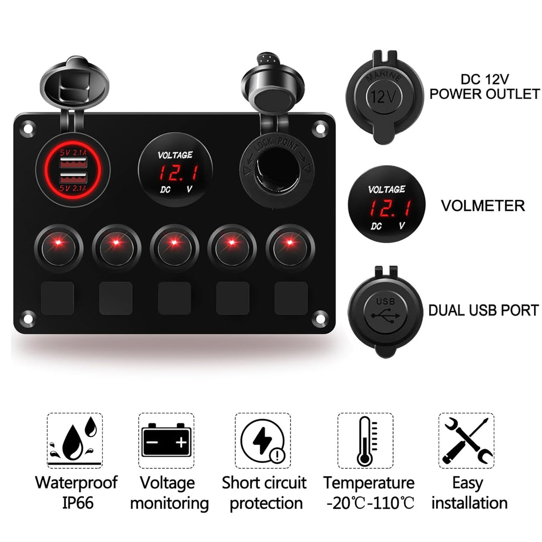 Geloo 5 Gang Schalter Panel, 12V/24V Kippschalter Panel IP65 Wasserdichte LED Voltmeter Dual USB Buc