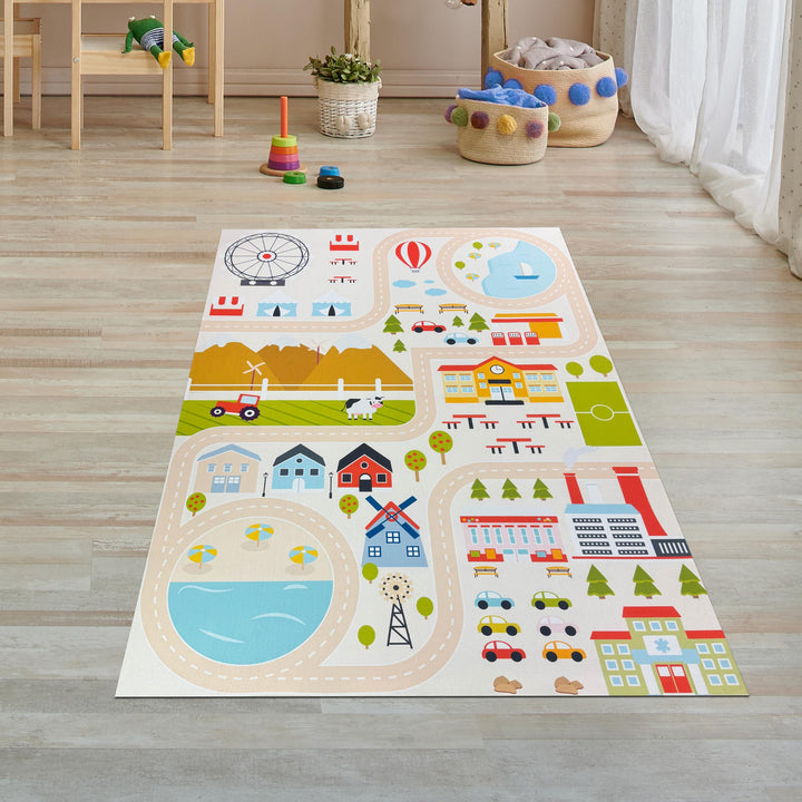 Teppich-Traum Teppich Kinderzimmer Kinderteppich Stadt-Motiv rutschfest flachgewebe saugroboterfreun