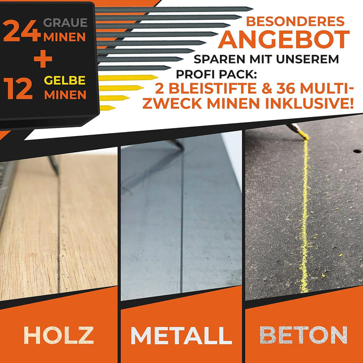 THORVALD Set Tieflochmarker Bleistift (2 x Zimmermannsbleistift + 38 Minen + Spitzer + Schreibgriff)
