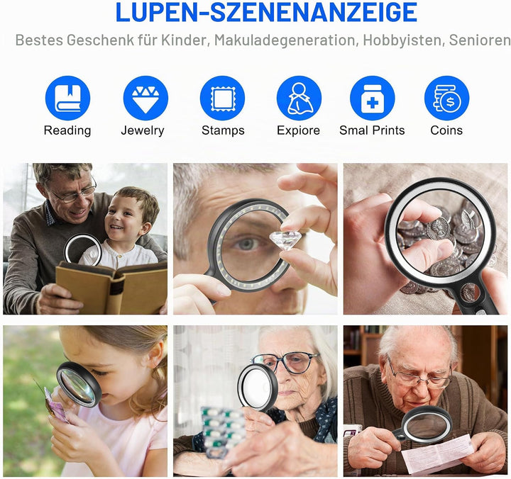 Lupe mit Licht, 10X 20X 45X Handlupe mit Licht, Magnifying Glass mit 30 LED und 1 UV, Vergrösserungs