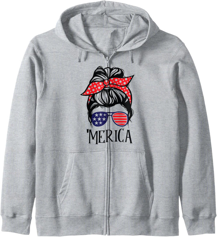 Merica 4. Juli USA Flagge Mädchen Damen Sonnenbrille Unordentlicher Dutt Kapuzenjacke