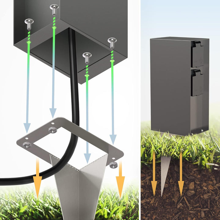 ledscom.de Garten-Steckdosen-Säule POMI mit Erdspiess und 2m Kabel für aussen, IP44, 4-Fach, anthraz