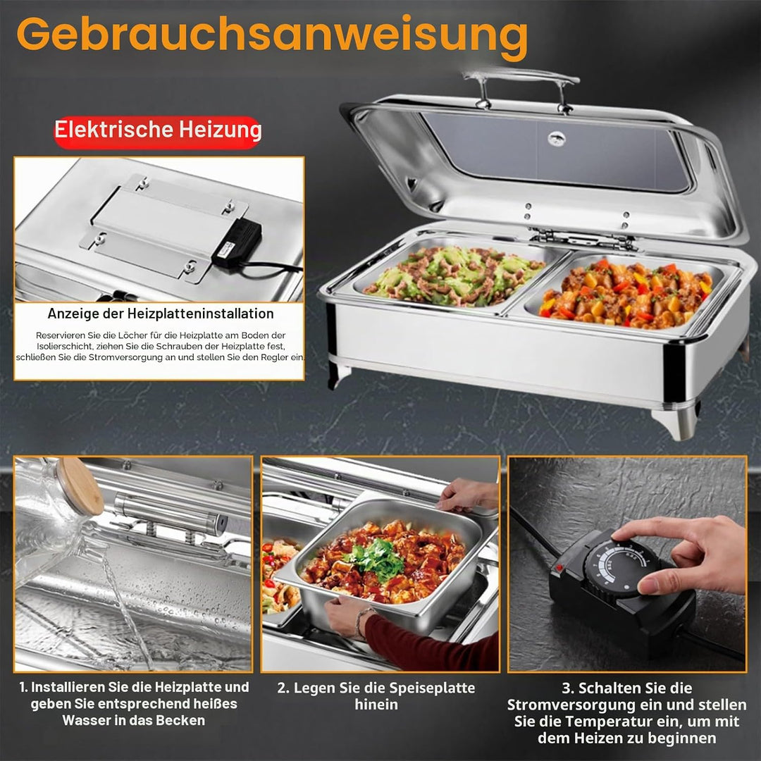 Chafing Dish Elektrisch, 9L Edelstahl Speisenwärmer Buffetwärmer mit Sichtbarem Glasdeckel, Kommerzi