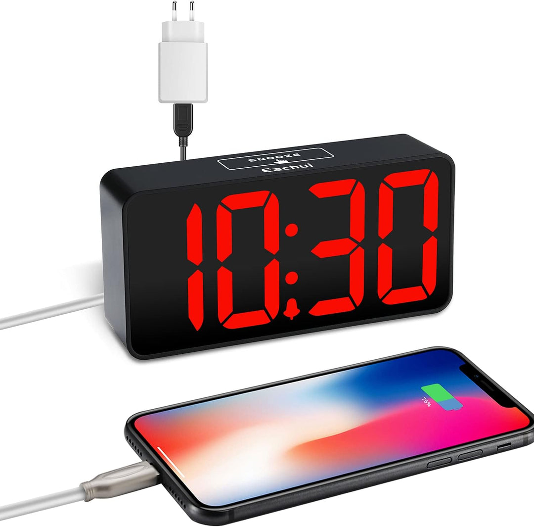 Eachui LED Wecker Digital mit USB-Ladeanschluss, Grosse Ziffern Display, Helligkeit und Lautstärke R