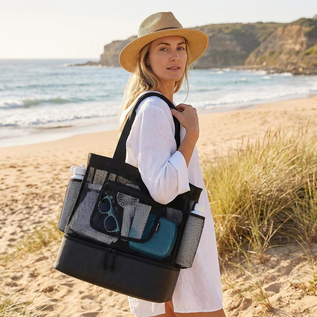 Strandtasche mit Kühlfach - Grosse Mesh Beach Bag wasserdicht mit Reissverschluss &amp; Fächern, Abnehmb