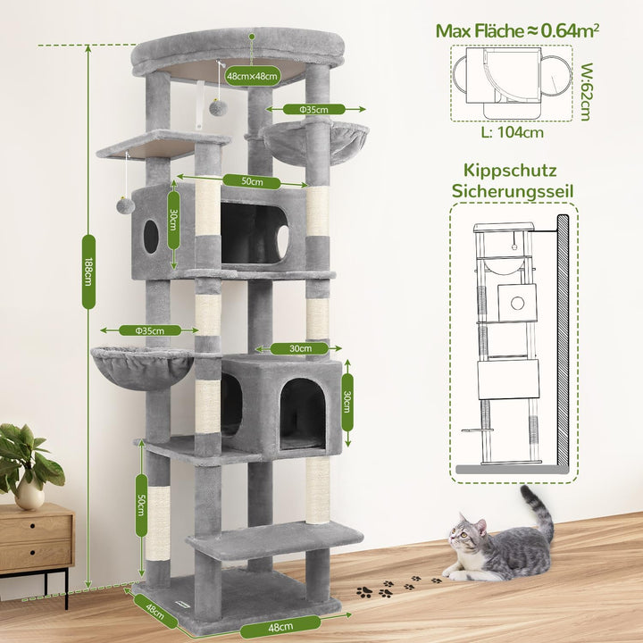 Globlazer Kratzbaum Grosse hoch 188 cm mit 2 Grosser Katzenhaus, Gepolsterte Plattform, 2 Katzenkorb