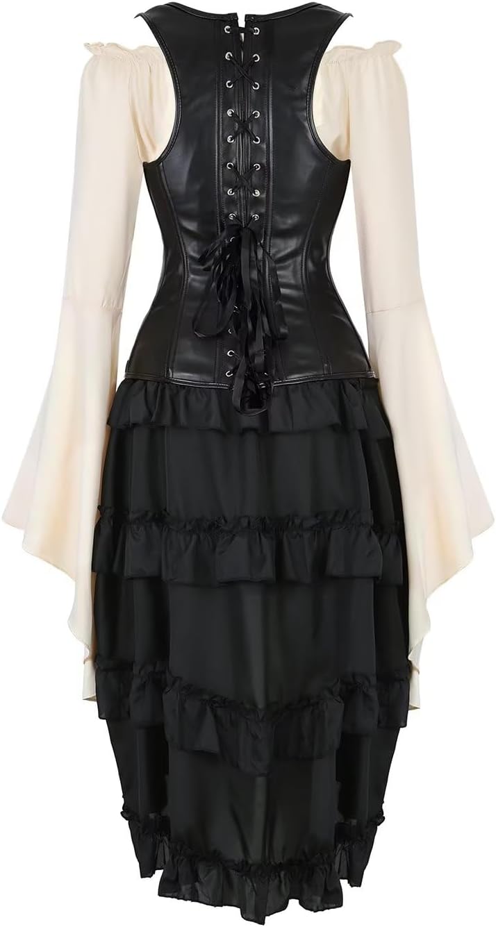 Jutrisujo Steampunk Corsage Corsagenkleid korsett bustier piraten Kostüm mit Spitzenrock und Bluse f