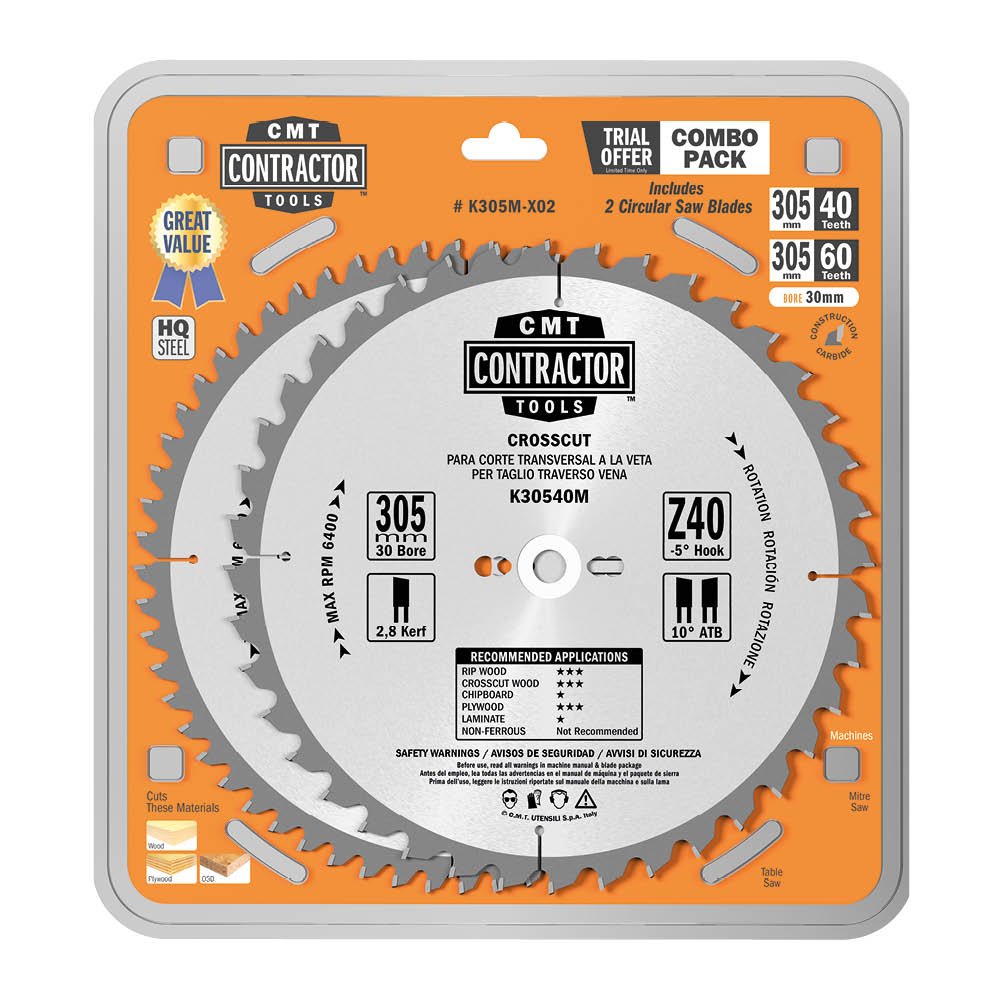 CMT – k305 m-x02 2-pc Saw Blade Pack 305 x 2.6/1.8 x 30 Z40 + 60 ATB