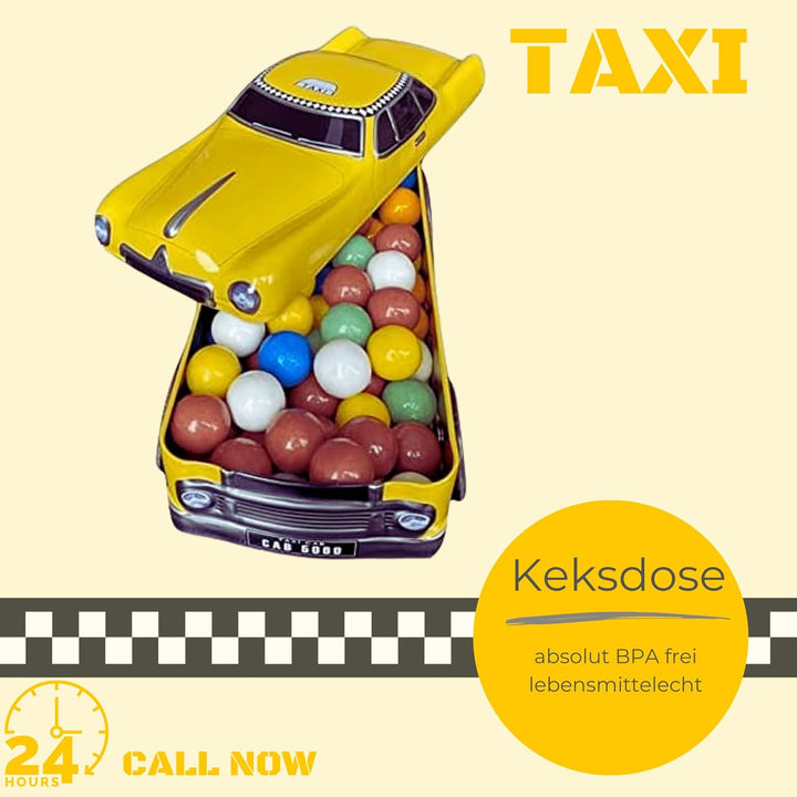 MediMuc Taxi mit drehbaren Rädern - Keksdose, Geschenkdose, Retrodose, Blechdose - lebensmittelecht