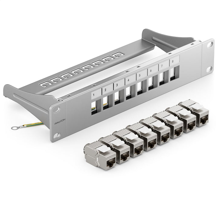 deleyCON 8 Port Patchpanel Set Patchfeld Modular 1 HE 10" Zoll Rackeinbau + 8x RJ45 Keystone Module