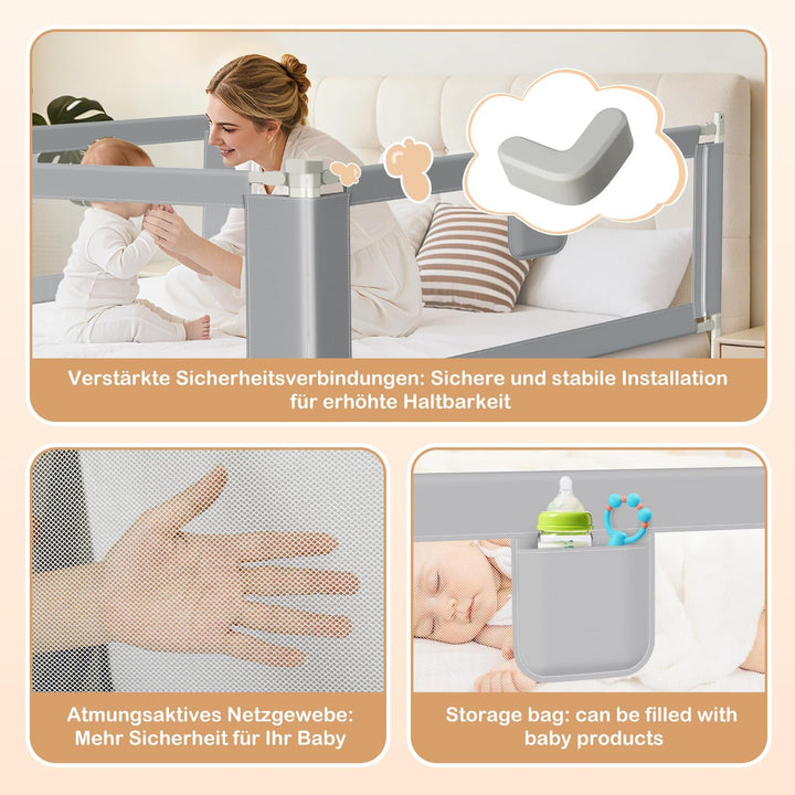 Ikodm 2X 180cm Bettgitter für Kinder, Bettschutzgitter Höhenverstellbar von 64-96cm, Rausfallschutz