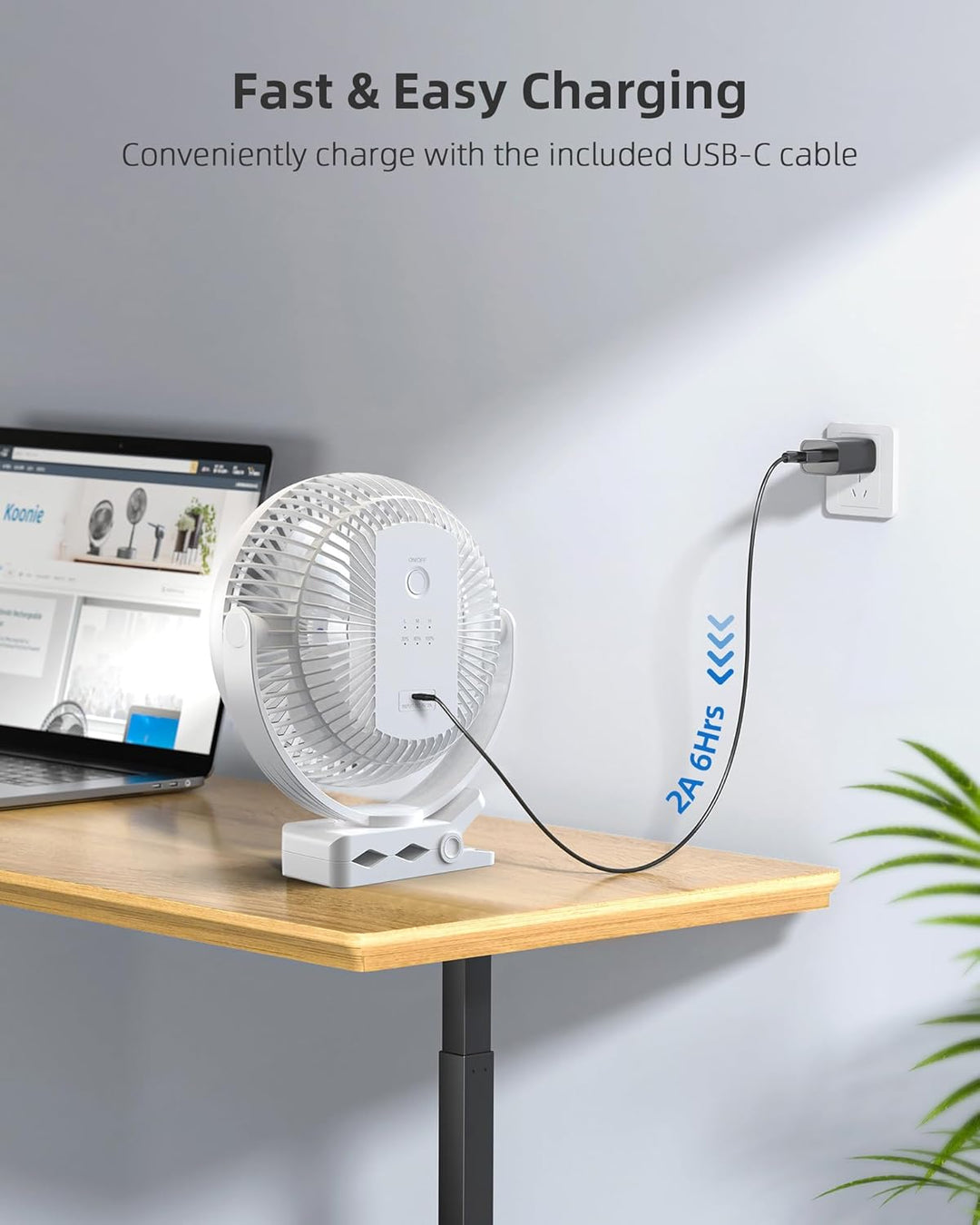 Koonie 20cm Tragbarer Clip-On-Ventilator, USB-Tischventilator mit 10.000 mAh Akku, 4 Geschwindigkeit