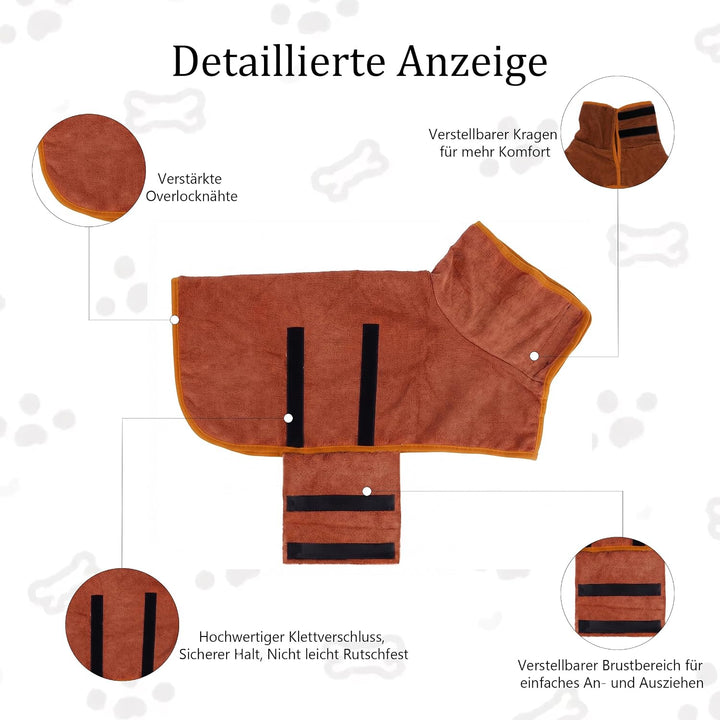 Hundebademantel Mikrofaser mit Klettverschluss saugstark Braun XS, Braun XS