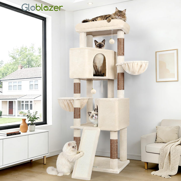 Globlazer Kratzbaum Beige XL Hoch 177cm mit 2 Grosser Katzenhaus, Kratzrampe Sisal, Gepolsterte Plat