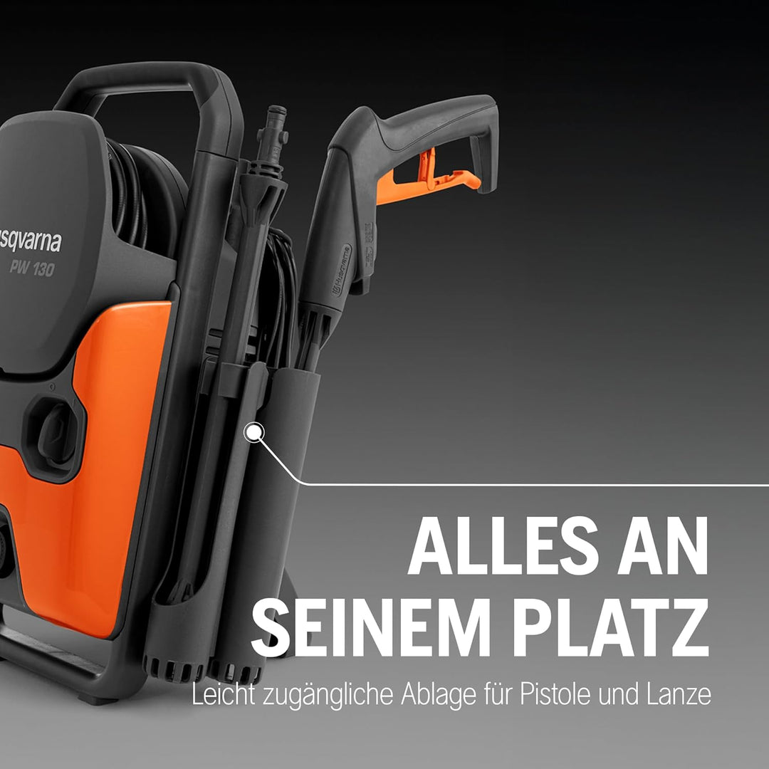 Husqvarna PW 130 Hochdruckreiniger – 130 Bar, 465L/h Durchflussmenge, Metallpumpe, 6 m Schlauch, Sch