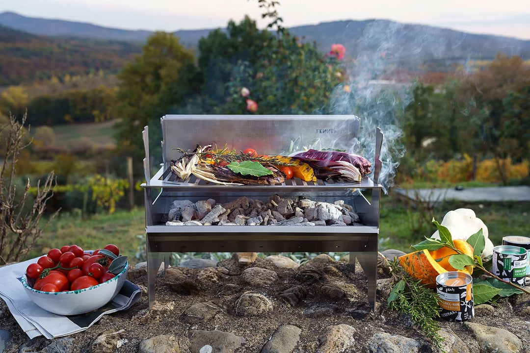 FENNEK 2.0 | Mobiler und steckbarer Holzkohle-Grill aus Edelstahl für Camping, Trekking, Vanlife, Ga