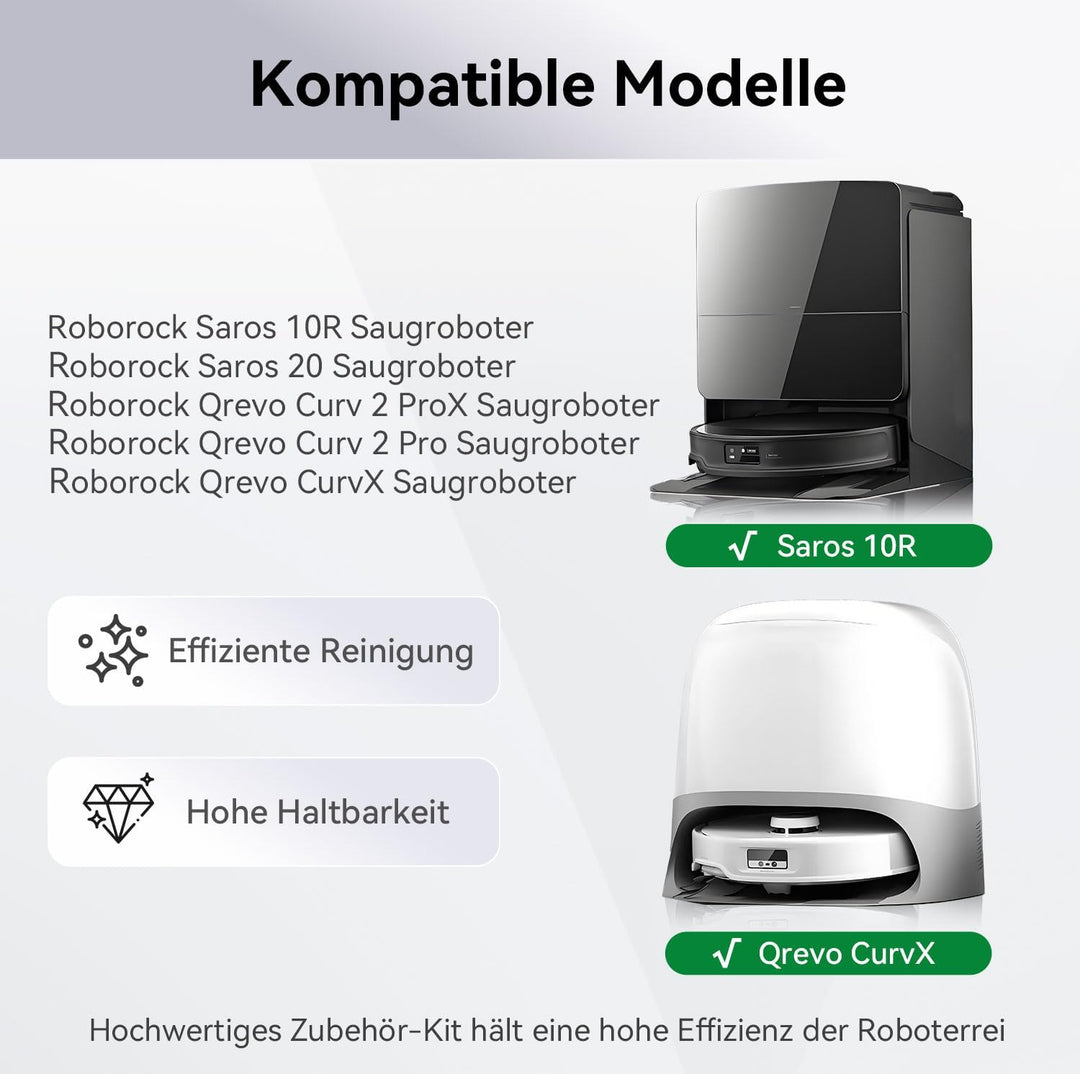 Zubehör Set für Roborock Saros 10R, Qrevo CurvX – 1 Hauptbürste, 4 Seitenbürsten, 4 Filter, 4 Waschb