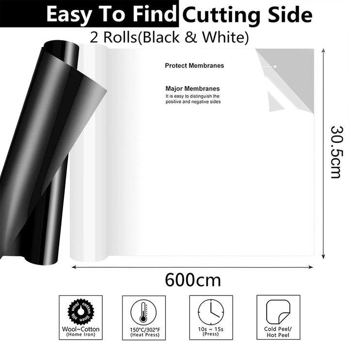 Bocguy Plotterfolie Textil Schwarz &amp; Weiss, 2 Rollen 30.5CM x 6M, Textilfolie für Cri-cut &amp; Cameo, E