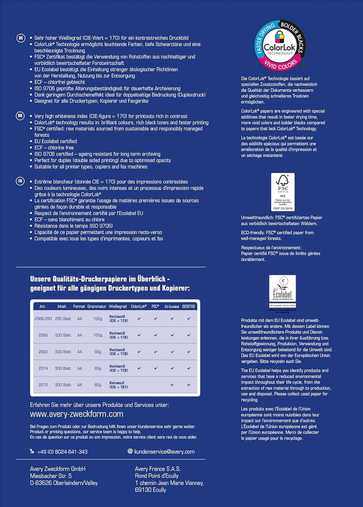 AVERY Zweckform 2575 Drucker-/Kopierpapier 1 Box mit 5 Pack, weiss & 2566 Drucker-/Kopierpapier 1 Pa