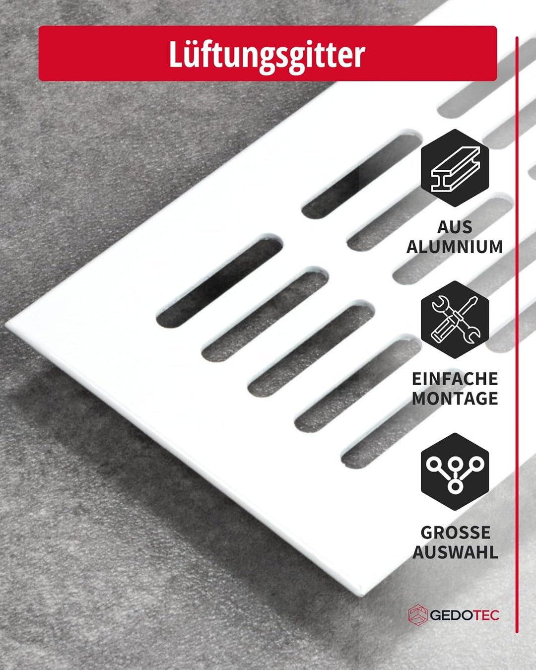 Gedotec Lüftungsgitter rechteckig aus Aluminium - 1 Stück Abluftgitter Weiss matt - Heizungsgitter 8