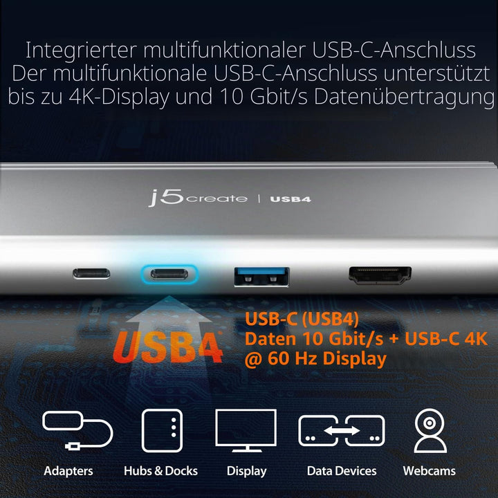 j5create USB4 Multi-Port Hub-5 in 1 USB4 Hub mit PD 85W/Dual 4K Display/DisplayPort 1.4/USB-A/USB-C