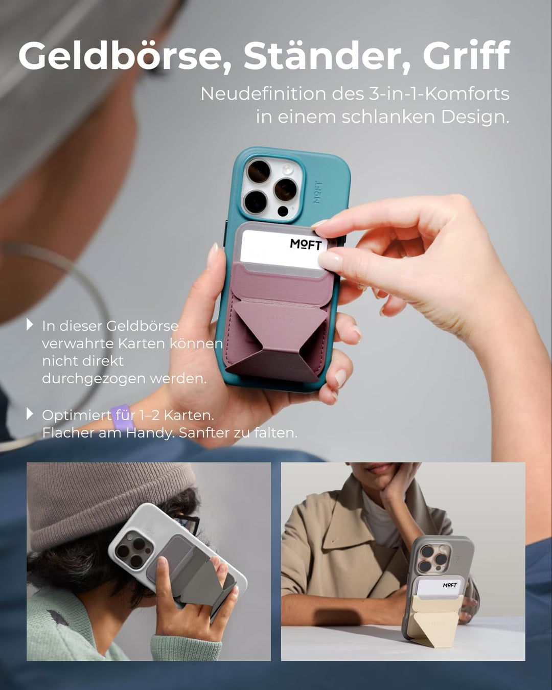 MOFT Magnetische Wallet Ständer für iPhone 15/14/13/12 Serie Kompatibel mit MagSafe, MOVAS Vegan Led