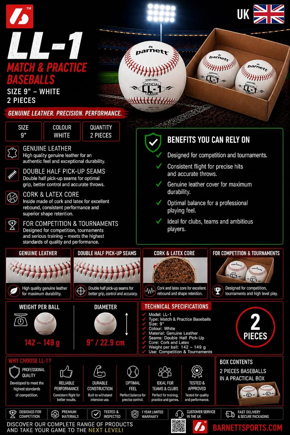 BARNETT LL-1 Baseball Ball Wettkampf und Training, 9&
