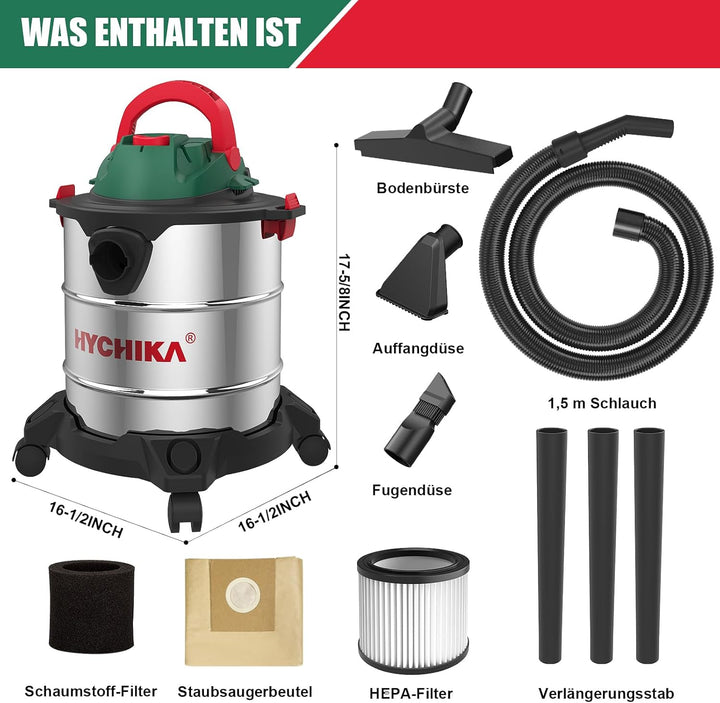 HYCHIKA Nass Trockensauger, 1200W Industriestaubsauger 20L Edelstahlbehälter, Nass- & Trockensauger