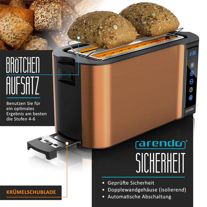 Arendo - Edelstahl Toaster Langschlitz 4 Scheiben- Touchscreen – Doppelwandgehäuse – Integrierter Br