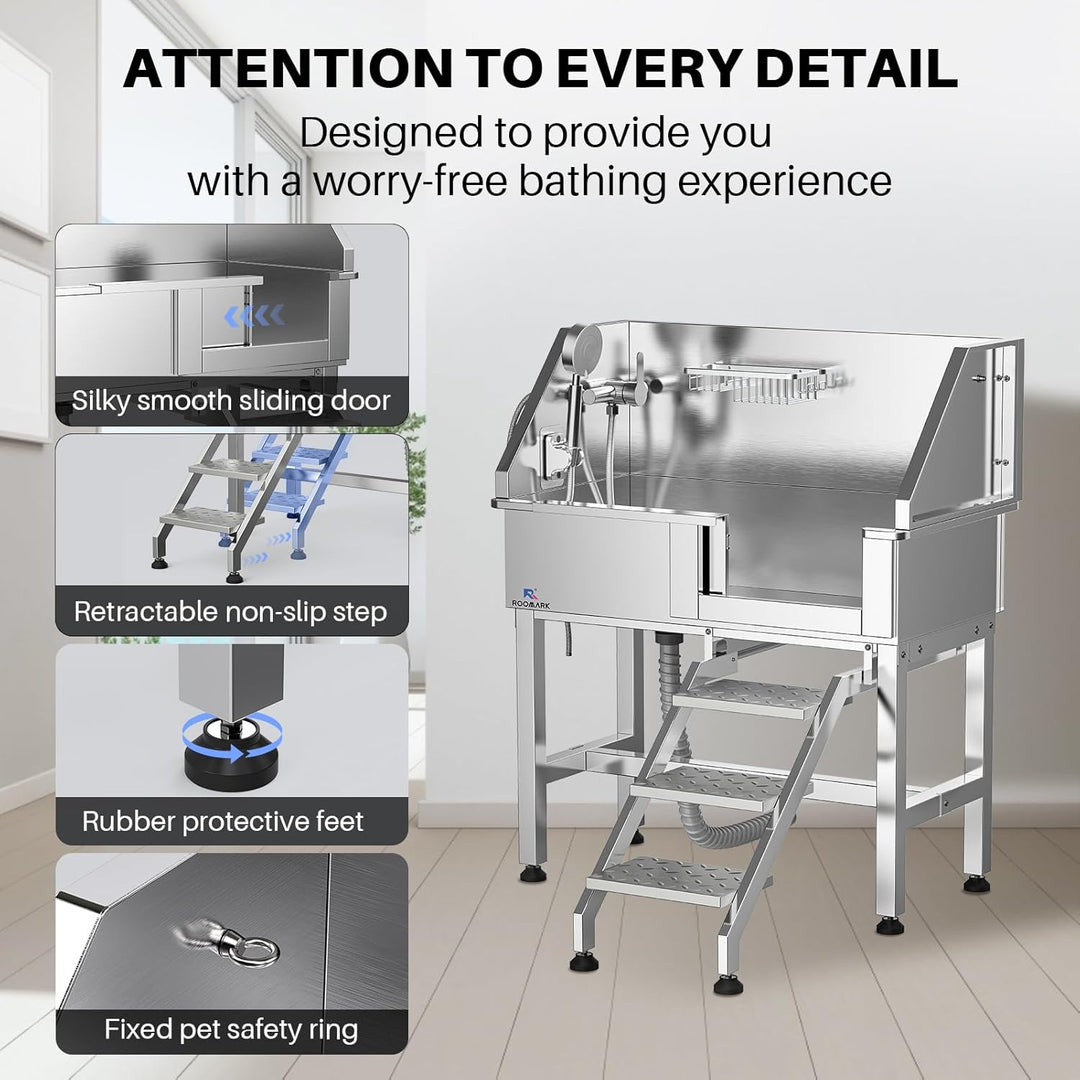 Roomark 86 cm Professionelle Hundebadewanne mit Treppe, Edelstahl Hundepool mit Duschkopf & Schiebet