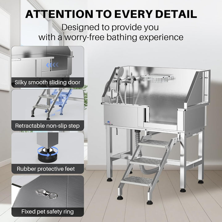 Roomark 86 cm Professionelle Hundebadewanne mit Treppe, Edelstahl Hundepool mit Duschkopf & Schiebet