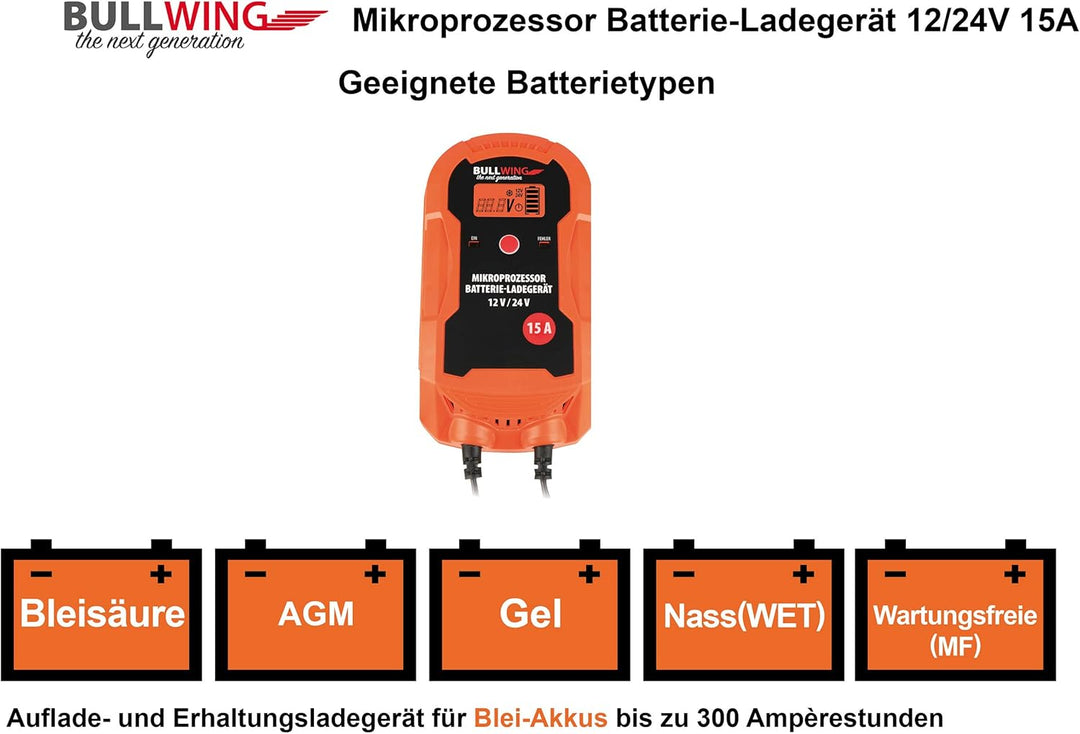 Bullwing Batterieladegerät Mikroprozessor 12/24V 15A LKW Bus Boot Traktor Vollautomatisches 9-stufig