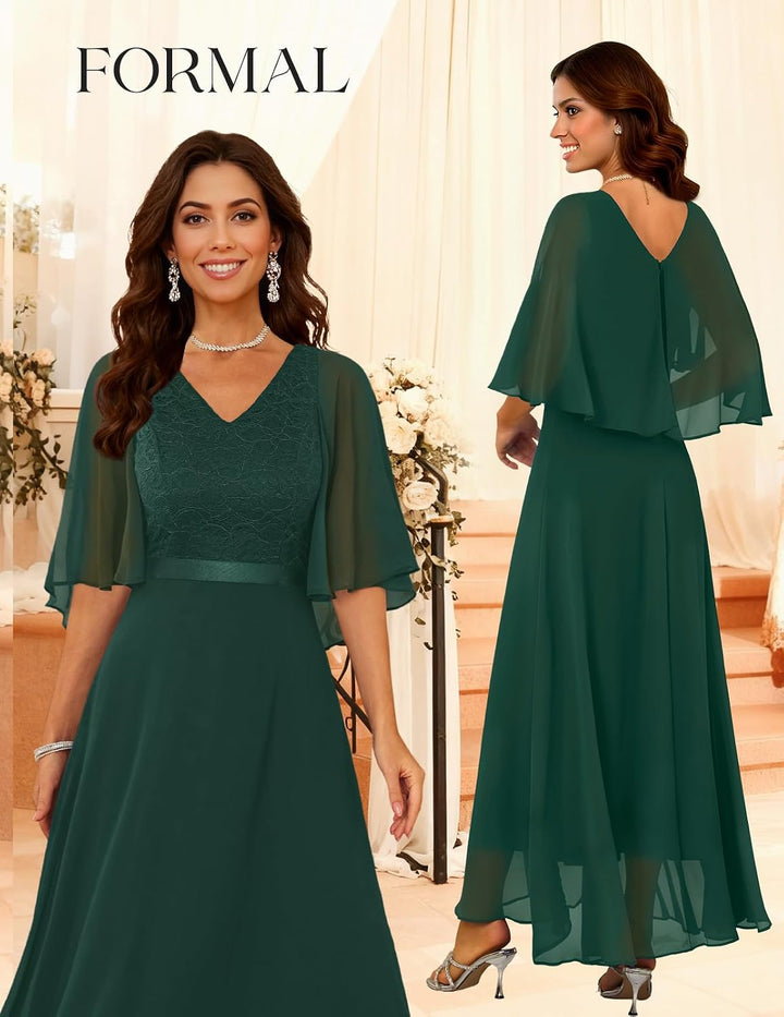 DRESSTELLS Abendkleid Damen Festlich Spitzenkleid für Hochzeit Chiffon Cape Ärmel Ballkleid Elegant
