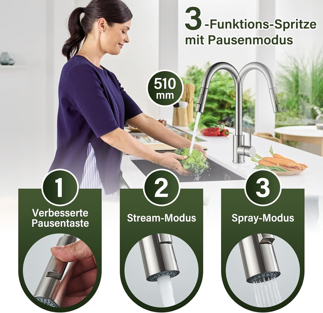 Ausziehbarer Küchenwasserhahn Edelstahl mit Herausziehbarer Brause Hochdruck Spültischarmatur 360° s