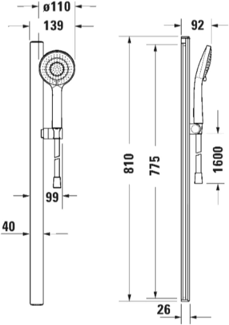 Duravit Brauseset, Duschset mit 3 Strahlarten (Rain, Pulse, Mono), Duschstange (810 mm) mit wassersp