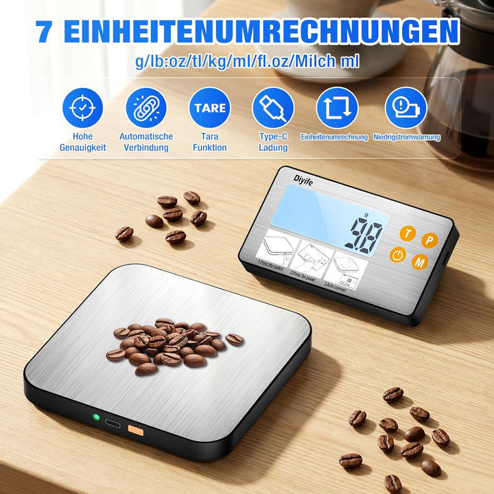 Diyife Küchenwaage Digital Geteilt, Edelstahl 1g/15Kg Haushaltswaage, USB-Aufladung und Batteriebetr
