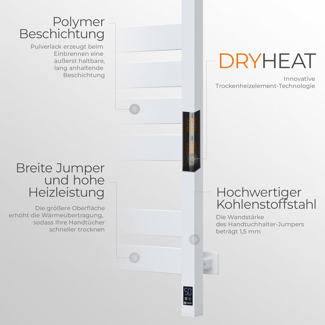 Elektrischer Handtuchhalter - Zeitloses Weiss, Elektrischer Handtuchheizkörper mit Thermostat, Kratz